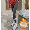 Leggings de forro polar gris claro para mujer, pantalones de punto de algodón puro para otoño, engrosados para abrigar en otoño e invierno, pantalones de algodón ajustados y que favorecen la figura