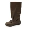 Botines retro de cuero suave estilo western, botines estilo ballet con correas y pliegues, botas de montar hasta la mitad de la pantorrilla, botas largas de punta cuadrada