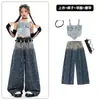 Roupas de Hip-Hop e Jazz para Meninas Verão Mostrando o Umbigo Macacão Jeans com Alças Roupas da Moda para Passarela Roupas de Jazz