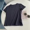 Top de manga corta de algodón slub de mousse de color sólido simple para mujer, verano, delgado, casual, combinable con todo, camiseta corta, nuevo estilo