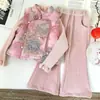 Conjunto de Colete Estilo Chinês Novo para Meninas Roupa de Ano Novo Top Tradicional Infantil + Calça de Pernas Largas Conjunto de Três Peças Moderno