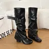 Botas de cuero de tacón alto hasta la pantorrilla para mujer, estilo minimalista de diseño único con hebilla de cinturón, botas de montar que estilizan y moldean las piernas