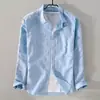 Camisa de lino para hombre, camisa casual de manga larga con cuello de solapa, color liso, tela de lino suelta y transpirable, comercio exterior al por mayor para hombres