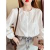 Camisa para Mujer 2026 Primavera y Otoño Nuevo Estilo Manga Larga Cuello Redondo Jacquard Chic Francés Encaje Calado Camisa Blanca A3441