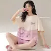 Verão Novo Estilo 2026 Manga Curta Estilo Coreano Conjunto de Shorts Pijama Feminino Desenho Animado Tamanho Grande Solto Cor Contrastante Roupas de Casa