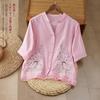 Camisa Bordada Artística Retro para Mujer, Verano Holgada de Manga Media con Cuello de Encaje Delgado Vestido de Té Chino Top