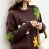 Suéter casual de punto floral bordado con cuello redondo estilo coreano transfronterizo para mujer, nuevo otoño e invierno, suéter de punto suave holgado