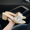 Pantuflas de Satén con Pedrería de Sensación de Mil Oro para Mujer para Uso Exterior Verano 2025 Nuevo Estilo con Color Champaña Tacón Grueso Sandalias y Pantuflas Versátiles