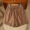 2025 Verano Nuevo Retro Recorte Crochet Algodón y Lino Pantalones Pantalones Cortos de Encaje Artístico para Mujer Pantalones Casuales Pantalones Rectos Slim Verano