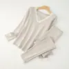 Roupa Térmica de Veludo Bebê com Gola V e Renda, Conjunto de Top e Calça Térmica Aquecida, Nova Coleção Outono para Mulheres