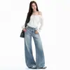Jeans para Mujer 2026 Estilo Retro Americano Transfronterizo Lavados y Desgastados de Corte Holgado Pierna Recta Pierna Ancha, Pantalones Largos Azules Retro, Nuevos