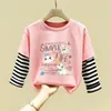 Nova Camiseta de Algodão Puro Patchwork com Gola Redonda e Manga Longa para Crianças, Estilo Fino, Primavera e Outono 2026, Meninas, Desenho Animado, Top Versátil