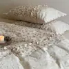 Conjunto de cama vintage de algodão e linho estilo francês de quatro peças, mistura de linho com acabamento de renda romântica, capa de edredom para um toque feminino