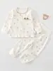 Roupas de Bebê Outono Classe A Algodão Puro Roupa de Casa Conjunto de Proteção para Barriga de Bebê de Cintura Alta Camada Base para Bebês e Crianças Pequenas Blusa de Outono Calça de Outono