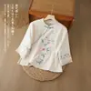 Blusa de manga três quartos de algodão e linho com renda, gola diagonal, estilo chinês, inspirada na Primavera e Outono do Sudeste Asiático, com botões, bordada, artística, retrô, étnica.