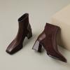 Botas Slim de Salto Alto Patchwork Retrô Francês Estilo Outono e Inverno 2026 Bico Quadrado Salto Grosso Moda Botas Curtas para Mulheres Primavera e Outono Botas Individuais