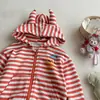 Ropa Diaria para Niñas: Linda Chaqueta Cardigan Rayada de Bloques de Color con Cremallera y Capucha de Cuerno para Otoño