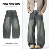 Jeans holgados de pierna ancha rectos para hombre con un estilo vintage americano de alta calle, lavados y desgastados con diseño de patchwork