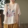 Camiseta China de Verano de Algodón y Lino de Talla Grande para Mujer con Estampado de Estilo Étnico Retro, Corte Holgado y Adelgazante