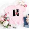 Camiseta rosa niña letra flor linda estilo ins dulce top manga corta creativa verano 2022 transfronterizo