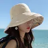 Sombrero de Pescador de Ala Ancha para Mujer, Cubre Rostro de Verano, Sombrero Floral de Doble Cara Estilo Japonés, Sombrero de Sol de Algodón y Lino con Protección UV
