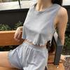Conjunto de Shorts com Colete Sem Manga Gola Redonda Roupa de Dormir Jacquard Sólido Oco Fino Sexy Transfronteiriço Conjunto de Duas Peças para Mulheres