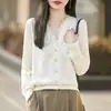 Cárdigan de punto fino con cuello en V y ribete de encaje soluble en agua, abrigo romántico y elegante, top versátil para otoño e invierno