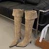 Botas Acima do Joelho para Mulheres, Duas Formas de Usar, Circunferência Grande do Cano, Novidade Outono/Inverno 2025, Botas Plissadas de Camurça com Bico Fino e Salto Agulha