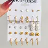 Set de Aretes Franceses de Perlas de Estilo Nuevo Europeo y Americano, Aretes de Círculo Geométrico, Set de 15 Piezas, Múltiples Pares de Aretes Metálicos para Mujer