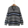 Suéter de malha listrado de manga comprida estilo college retrô, um novo item de moda outono/inverno, com modelagem solta, efeito emagrecedor e design casual em tricô