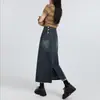 Saia Jeans de Cintura Alta Preta e Cinza para Mulheres 2026 Outono Nova Moda Feminina Fenda Linha A Emagrecedora Justa ao Corpo Saia A6618