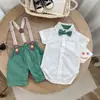 Conjunto de Macacão para Bebê, Macacão Duas Peças de Verão para Meninos e Meninas, Traje Estilo Cavalheiro Britânico para Bebê