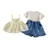Conjunto de Duas Peças Casual Bebê Dianxi Listrado com Laço e Suspensório Shorts Jeans de Verão com Babado