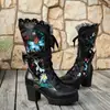 Botas de mujer de talla grande transfronterizas europeas y americanas, blancas con bordado floral colorido, botas de media pantorrilla, con cordones y tacones gruesos, estilo western