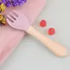 Cuchara de Madera con Mango de Silicona para Bebé al por Mayor Cuchara de Silicona para Niños Cuchara de Silicona de Grado Alimenticio para Bebé Cuchara para Alimentos Complementarios