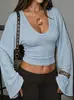 Ropa Femenina Transfronteriza Europea y Americana Otoño/Invierno 2026: Top Picante de Chica con Escote en V Profundo, Texturizado, Acampanado, Manga Larga y Cintura Corta Ceñida