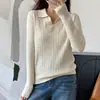 Otoño e Invierno Algodón Puro Estilo Coreano Solapa Pequeña Trenzado Suéter de Punto para Mujer Camiseta Interior Versátil Cuello Polo Cuello en V Prendas de Punto