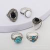 Conjunto de 5 anillos articulados de estilo étnico retro bohemio europeo y americano con incrustaciones de gema negra, ópalo y turquesa