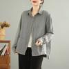 Camisa feminina listrada retrô artística de fio duplo, nova, solta, plus size, combinando, manga comprida, atacado