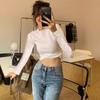 Camiseta Blanca Gris Leche Cuello Redondo Hombro Derecho Manga Larga Ajustada Color Sólido Mujer Otoño Temprano Nueva Camisa Base para Superponer