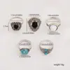 Conjunto de 5 Peças de Anéis de Joias Estilo Étnico Retrô Boêmio Europeu e Americano Incrustados com Pedras Preciosas Brancas e Pretas e Turquesa