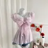 Camisa Plisada Rosa 2026 con Lazo para Ceñir la Cintura y Volantes para Mujer, Top Adelgazante de Verano, Blusa Exquisita de Estilo Francés