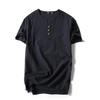 Camiseta fina de verano de algodón y lino para hombre, de manga corta, cuello en V y botones, de color liso, para jóvenes.