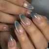 24 piezas de uñas postizas estilo ojo de gato, forma almendrada, degradado azul grisáceo, listas para usar, desmontables, tipo adhesivo para uñas largas, populares entre los influencers