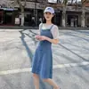 Foto Real de Vestido Salopete Jeans de Alta Qualidade para Mulheres 2026 Primavera e Outono Bloqueio de Cores Renda Vintage Solto Reto Estilo H