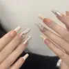 Set de 10 Piezas de Uñas Postizas Premium Hechas a Mano con un Look Sofisticado, Presentando Moños 3D, Cadenas de Pedrería y Diseño Ojo de Gato