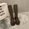 Botas de Plataforma de Couro Estilosas para Mulheres com Solado Grosso Elásticas Slim para Mulheres Baixas Aumentadoras de Altura Slim de Cano Alto Botas de Montaria