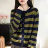 Cardigan de Tricô Color Block Listrado Retrô com Gola Redonda Feminino Outono Inverno Suéter com Lurex Petite Solto Versátil Quente Peça de Roupa Externa
