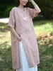 Verão Novo Design com Senso de Design Feminino Linho Roupas Femininas Retro Novo Estilo Chinês Estilo Étnico Vestido Camisa de Comprimento Médio Vestido Tendência