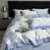 Juego de cuatro piezas de seda lavada con tacto fresco de verano, funda nórdica de seda helada, sábana y sábana bajera de Tencel sedosas y lisas estilo europeo para dormir desnudo
